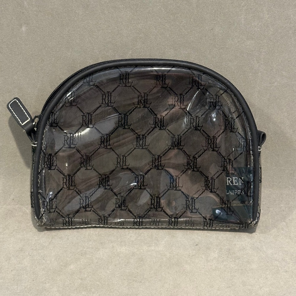 Lauren Ralph Lauren Clear RLL Monogram Cosmetic Bag Black Mesh Makeup Pouch Dome